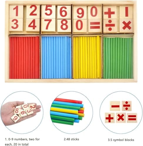 QHFlashbuy Jouet Montessori Mathématiques,Jeu Numérique Bâtons avec Blocs et Bâtons Comptage,Enfant Jeux Mathématiques Bois Bâtons 3 Ans et +