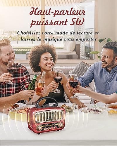 Radio Vintage Rétro, PRUNUS J-180 Poste Radio Portable AM/FM/SW Radio Bluetooth 5.0, Petite Radio Rechargeable avec Batterie 1800mAh, Grand Haut-Parleur 5W, Mini Radio avec Fonction USB/TF/AUX