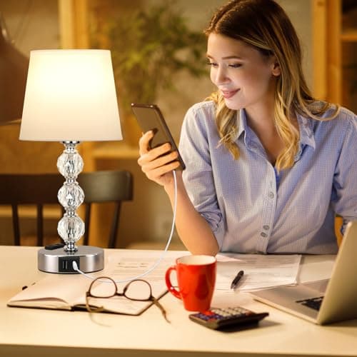 Kakanuo Lampe de Chevet Tactile avec Ports USB-A+C+Prise CA, 3 Intensité Variable, Lampe en Cristal Lot de 2, Abat-jour Blanc, Lampes de Table pour Chambre Salon D'enfant Bureau (Ampoules Incluse)