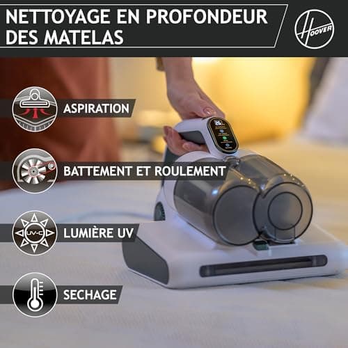 HOOVER Aspirateur Matelas HMC510UV, Léger, Détecteur de Poussière, Elimination des Acariens, Lumière UV-C, Anti-Allergène, Antibactérien, Fonction Séchage pour Prévenir des moisissures