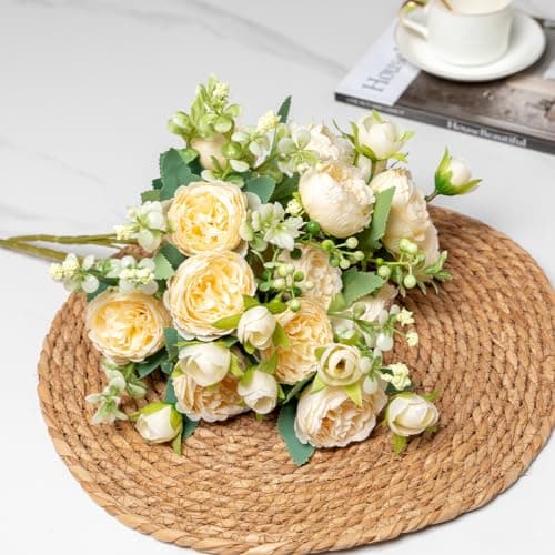 Hobyhoon Lot de 4 Bouquets de pivoines artificielles pour décoration de Vase, Mariage, décoration d'intérieur (Beige)