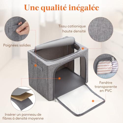 Lifewit Lot de 3 Sacs de Rangement Robuste avec Cadre en Métal, Boîte de Rangement Pliable, Organisateur Placard, Rangement Sous Lit, Boîtes Rangement pour Vêtements, Couvertures, 40L, Gris