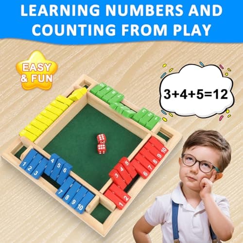 mellystore Shut The Box Jeu de Dés en Bois pour 2 à 4 Joueurs Jeux de Table en Bois Mathématiques Traditionnels Jeu de Société en Bois Classique pour Salle de Classe, Maison, Fête Ou Pub (4 Couleurs)