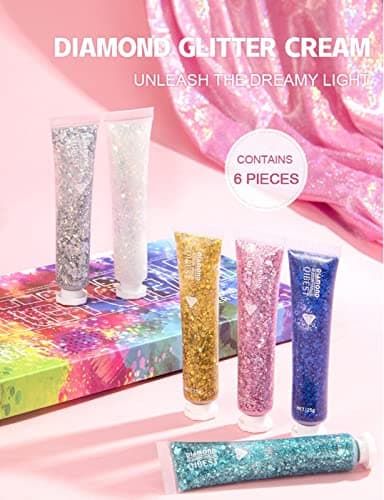 JasCherry 6 Bouteilles Gel Paillettes pour Corps, Sparkling Chunky Sirène Paillettes Fard à Paupières, Gel Scintillant Visage de Longue Durée pour Yeux, Cheveux, Ongles, Maquillage et Festivals