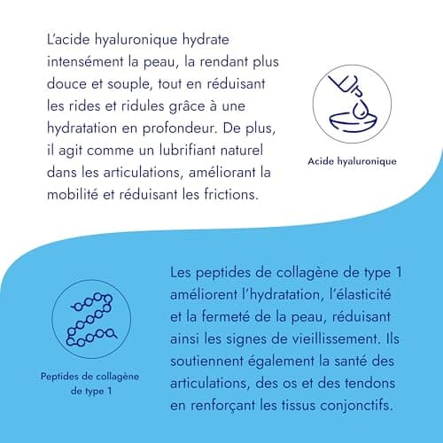 Collagène Marin Poudre Type 1 + Acide Hyaluronique, Glycine, Silicium, Vitamines C et D3 - Peau & Articulations - 5218mg de Collagène Hydrolysé à 1400 Da - Peptides - gout neutre - Fabriqué en France