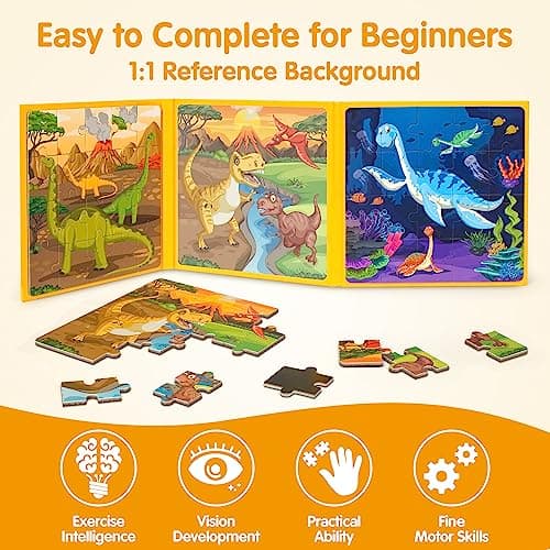 SYNARRY Puzzle Dinosaures Magnetique Enfants 3 4 5 6 Ans, 20 Piéces de Puzzle Voyage, Jouet pour Garçon Fille Avion Voiture Enfant 3 à 8 Ans