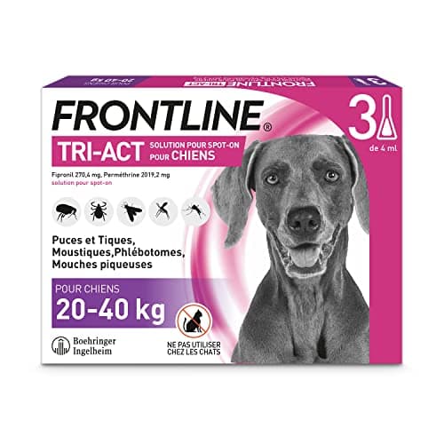 FRONTLINE Tri-Act Chien - Anti Puces, Tiques, Moustiques, Phlébotomes & Mouches - Pour Gros Chien De 20 à 40 kg - Fabriqué En France - 3 Pipettes Application Spot On