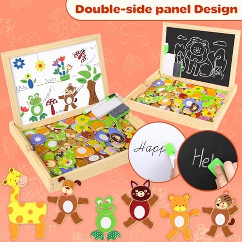 COOLJOY Puzzles en Bois Magnétique, 100+ Pièces Motif Animal Jigsaw avec Tableau Noir de Chevalet à Double Face Jouets Educatif pour Bambin Enfants Fille 3+ Ans