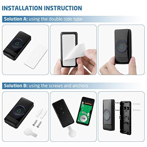 AVANTEK Sonnette sans Fil, Bouton de Sonnette, Carillon de Porte étanche IP55 avec 2 récepteurs enfichables, Flash LED, 5 Niveaux de Volume, 52 mélodies, portée de Fonctionnement de 400 m, Noir