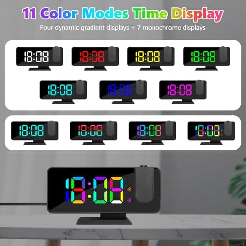 Réveil à Projection, Horloge Numérique LED Grand Écran, avec Projecteur Rotatif à 180°, Affichage des Chiffres RVB 11 Couleurs, 6 Niveaux de Luminosité, Double Alarme, Snooze, 12/24h, Horloge Digitale