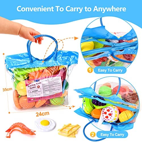 Fegalop 32 Pièces Jouets en Plastique Fruits et Légumes à Découper, Dinette Enfant Accessoire Cuisine Jouet, Chef Jeu de rôle avec,Cadeau Parfait pour Noël et fête d'anniversaire 3 Ans (Bleu)