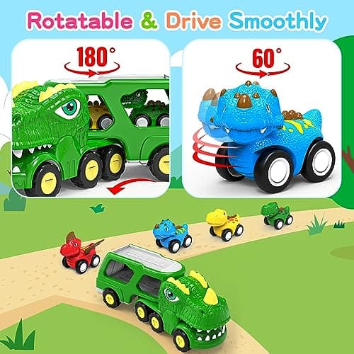 ENJSD Camion Dinosaure Jouet pour Enfant de 3 4 5 Ans, 5 en 1 T-Rex Camion Transporteur Voiture avec Lumières et Sons, Jeux pour Garcon Fille 3 à 5 Ans, Cadeau Noel Enfant de 3-5 Ans(Vert)