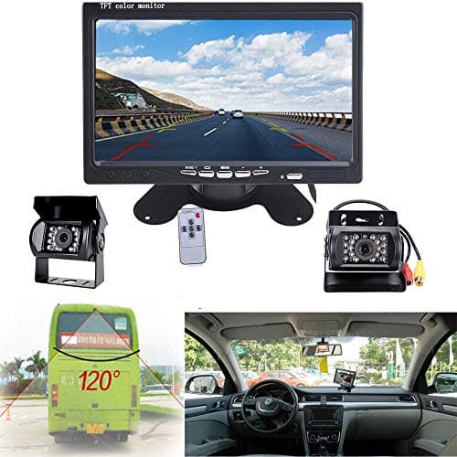 Camera de Recul Voiture 2 Caméras, Ecran Caméra de Recul, 12 V-24 V Caméra De Recul 7 Pouces pour Voiture IP68 Étanche De Vision Nocturne LCD Kit Camera pour Camping-Car, Bus, Remorque, Camion