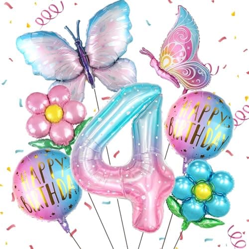Ballons Anniversaire Fille, 7 Pièces Ballon Aluminium Féerique Ballon Papillon Ballon Fleur, pour Anniversaires de Filles, Baby Shower, Photographie, Articles de Fête (4 Ans)