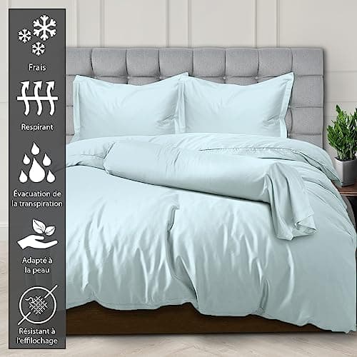 Pizuna Coton Peigné Parure de Lit 140x200 cm 2 Personnes Bleu bébé, 100% Coton Longue durée 400 Fils de Satin, 1 Drap Housse, 1 Drap Plat, 2 Taie d'oreiller, 1 Traversin (Draps de Coton 5 Pièces)