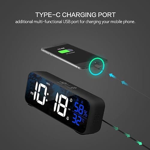 OWYELO Réveil Numérique, Horloge Numérique avec Grand écran LED, LED Horloge Digitale Réveil avec Fonction Snooze, Alarme de Miroir Portable avec Double Alarme, Charger USB, 12/24 H, Blanc