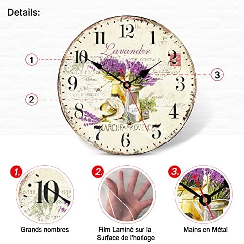 TAHEAT Romantique Lavande Horloge Murale, Français Mauve l'amour Floral Horloges, Exact Décoratif Lisible Pendules Murales pour Le Salon/Chambre/Salle de Bains/ 34 cm