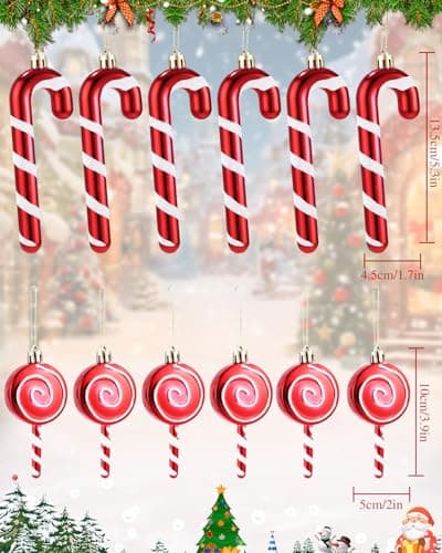 Bixury 12 pcs Canne en Bonbon Rouge et Blanc, Sapin de Noël en Forme de Canne à Sucre d'orge, Canne de Bonbons Plastique à Suspendre, pour décoration Sapin de Noël