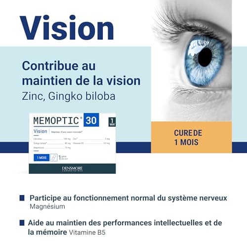 Densmore - MEMOPTIC Complément Alimentaire Mémoire et Vision à base de Citicoline - Ginkgo biloba Magnésium Vitamine B5 Zinc - 30 comprimés - Cure de 1 mois - Fabriqué en France