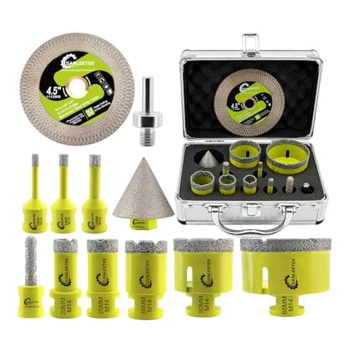 SANLEETEK Foret Diamant Carrelage Kit (6/8/10/20/25/35/50/68+10mmFraise Diamant+50mmMèches Chanfrein+115mm Disque+Adaptateur) Scie Cloche pour Carrelage Céramique Porcelaine Marbre Granit M14 Filetage
