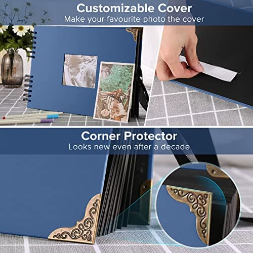 DazSpirit Album Photo 80 Pages Noir Scrapbooking Album 29,5 X 21Cm Livre Scrapbooking Avec 6 Stylos Métalliques, Pour 160 Photos, Livre D'or Pour Anniversaire Et Mariage (Bleu)