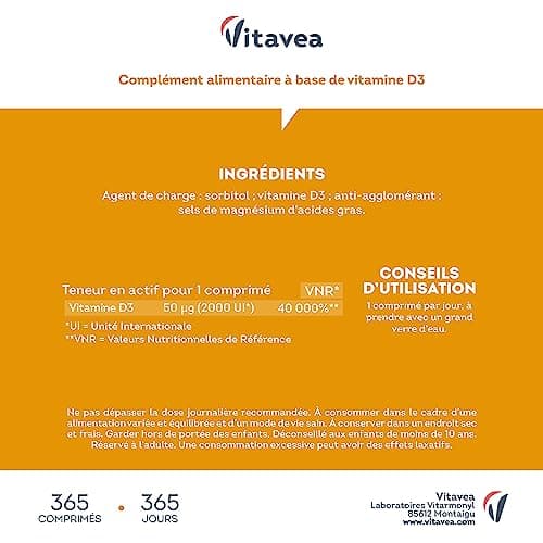 Vitamine D3 | 2000 UI | Défenses naturelles, immunité | Haut dosage | 1 an | Fabriqué en France | Vitavea