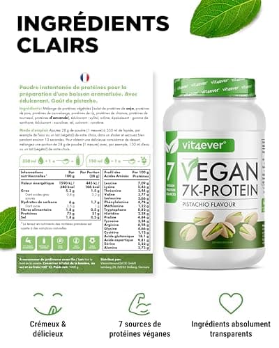 Vegan 7K Protein - 1kg - Pistache - Poudre de protéine purement végétale avec des protéines de riz, d'amande, de soja, de pois, de chanvre, de cranberry et de tournesol.