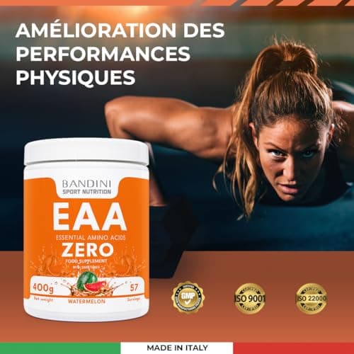 Bandini® EAA ZERO Poudre | Acides Aminés Essentiels 400g Powder | Supplément Végétalien Sans Sucre | Apport Optimal de 9 Acides Amines | Puissant Pre Workout | Boisson Vegan au Saveur de melon d'eau