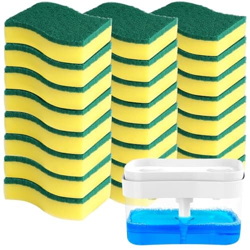 AIDEA Éponge à récurer Robuste - 24 unités, Distributeur de Savon à Vaisselle pour Cuisine, 2 en 1 avec Distributeur de Savon et Porte-éponge pour Salle de Bain, comptoir, évier - 25 oz