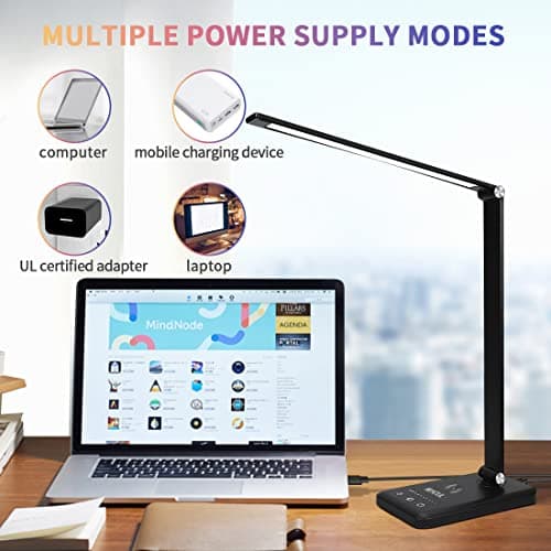 Lampe de Bureau LED avec Chargeur sans Fil, Lampes de Bureau Dimmable 10 Niveaux de Luminosité 5 Modes de Couleur, Lampe de chevet Avec Port USB et Fonction Minuterie, Flexible Contrôle Tactile