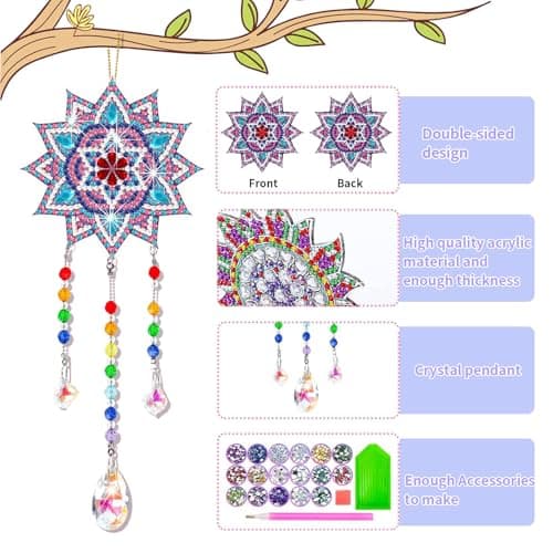 Yoaeyok 3 Pièces Kits de Broderie Diamant Attrape Rêves de Peinture au Diamant 5D DIY Diamond Painting Carillon à Vent Attrape Soleil Strass Pendentif pour Décoration de Maison de Jardin