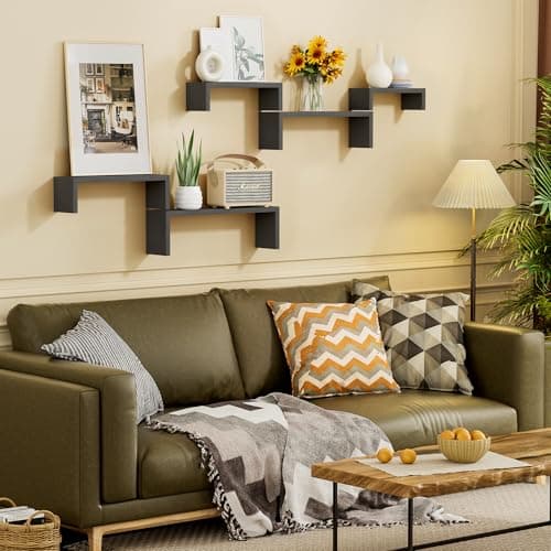 SRIWATANA Etagere Murale Noir Lot de 5, Étagère Murales Bois Suspendue, Etagere Flottante de Rangement, DIY Déco Tablette Flottante pour Salon Chambre Bureau Salle de Bains, Cuisine, Charge Max.40kg