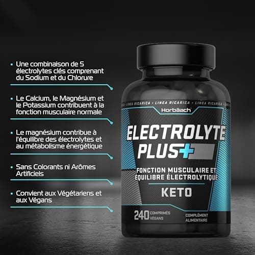 Electrolytes Hydratation 1575mg | 240 Comprimés | Electrolytes Sans Sucre Avec Sodium, Calcium, Magnesium Potassium - Énergie, Fonction Musculaire Sport, Fatigue | by Horbaach
