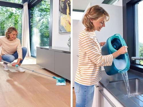 Leifheit Set Clean Twist M Ergo, lave-sol avec molleton ultra doux, seau essoreur et balai à plat essorage facile, balai serpillère microfibre, kit de lavage pour sols délicats, chariot à roulettes