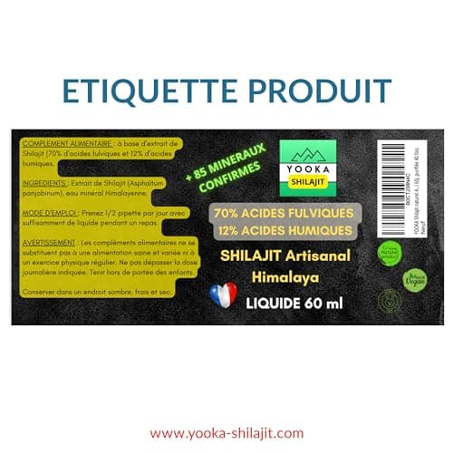 YOOKA Shilajit naturel ARTISANAL LIQUIDE 60ML OR pure Himalaya. 70% ACIDE FULVIQUE, +85 minéraux, 12% acide humique. Séchage soleil 60j, purifiée 40 fois. CERTIFICATION ALIMENTAIRE FRANCE