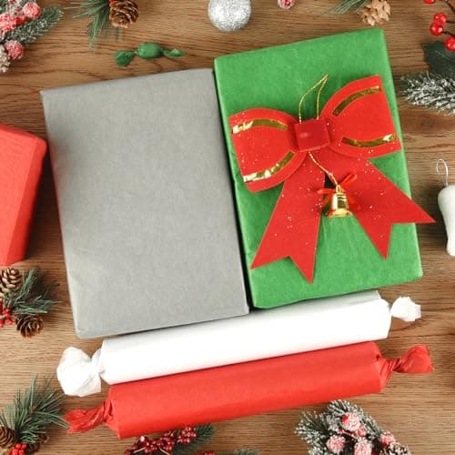 NEBURORA Assortiment de 60 feuilles de papier de soie de Noël 50 x 35 cm Rouge Vert Blanc Gris Papier d'emballage cadeau en vrac pour cadeaux de vacances, sacs artisanaux et décorations de fête