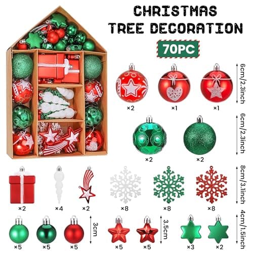 Hejo 70 Pièces Boule de Noel, Réutilisable Decoration Noel Sapin, Rouge Vert & Blanc Ornement Sapin de Noel, Kit Decoration Sapin Noel pour Arbre de Noël, Maison, Décoration de Maison(3cm-11cm)
