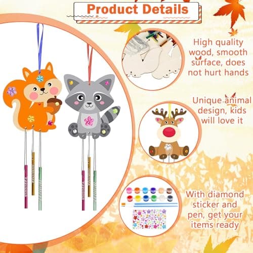 PIWOSGOL Kits Bricolage Animal Enfants, 9 Pcs Animal Carillon à Vent en Bois, Loisirs Créatifs pour Filles, DIY Animal Artisanat pour Activité Manuelles Enfants Cadeau Anniversaire 3-12 Ans