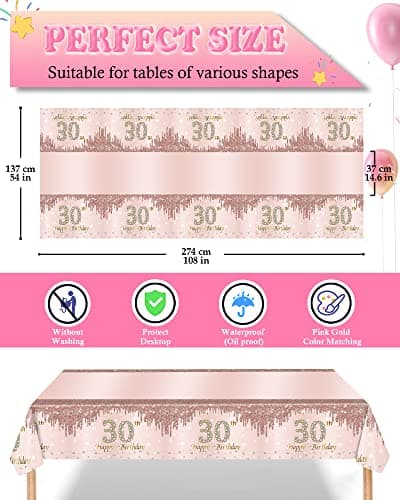 TOPWAYS Rose Assiette Jetable Decoration Anniversaire 30 ans Vaisselle Lot, Papier Assiette Jetable Gobelet Serviette Nappe pour Deco Anniversaire Fille Femme 16 Invités