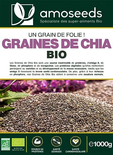 Graines de Chia Bio 1KG | Sources de Protéines, Oméga 3, Fibres | Salvia Hispanica | Qualité Supérieure