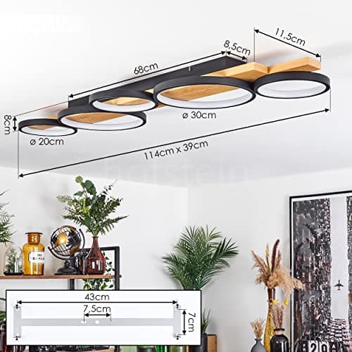 Plafonnier LED Rodekro, plafonnier à intensité variable en métal/bois en noir/nature/blanc, luminaire à intensité variable avec poutre en bois, LED 44 watts, 3000 K, 5100 lumens