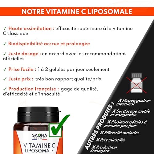 Vitamine C Liposomale - Anti Fatigue, Immunité - Assimilation Maximale - 60 gélules Végan - 1 à 2 mois de cure - Fabriqué en France