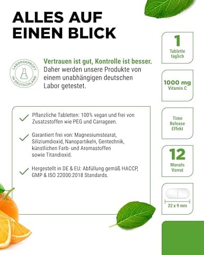 Vitamine C 1000mg - 365 comprimés par an - Effet à libération prolongée - Testé en laboratoire - Vitamine C + Extrait d'églantier + Bioflavonoïdes d'agrumes - Végétalien - Fortement dosé