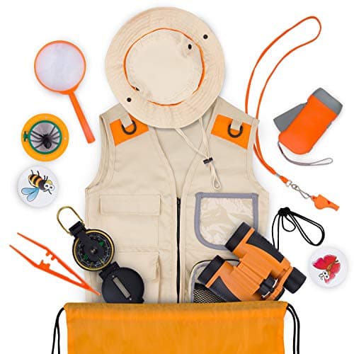 Kit Exploration Enfant avec Gilet Safari et Chapeau, Jumelles Enfant, Boussole Enfant, Loupe Enfant, Boite Loupe Insecte - Cadeau pour Les Garçons et Les Filles âgés de 3 à 12 Ans (Orange, 3-7)