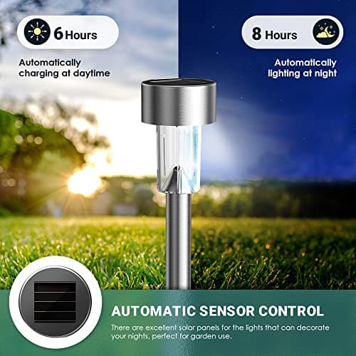 GIGALUMI Lampe Solaire Extérieur, Lampe Solaire Extérieur Jardin,Étanche Lumière Solaire Extérieur pour Terrasse, Pelouse, Jardin, Allée, Chemins, Acier Inoxydable,Lot de 12,Blanc
