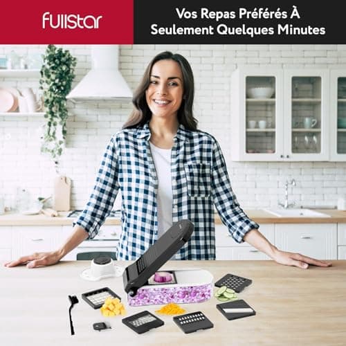 Coupe Legumes Multifonctions et Mandoline Professionnelle Cuisine - Trancheur de Légumes - Decoupe Legumes Cube Oignon Carotte Concombre Tomates - Rapeuse Legume et Fromage (Compact 6-en-1 Blanc)