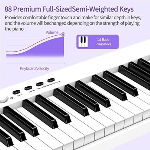 TERENCE Pliable Piano Numérique avec 88 Touches semi-lestées et Batterie de 1800mAh et interface USB MIDI support de partitions Bluetooth Sacs pour Clavier Câble audio Casque Pédale de sustain Blanc