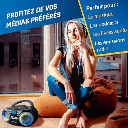 KLIM Boombox B3 - Poste Radio CD Portable - Nouveauté 2024 - Radio FM, CD, Bluetooth, USB, MP3 - CD Boombox - Mode Filaire et sans Fil avec Piles Rechargeables - Lentille Laser - Lecteur CD Portable