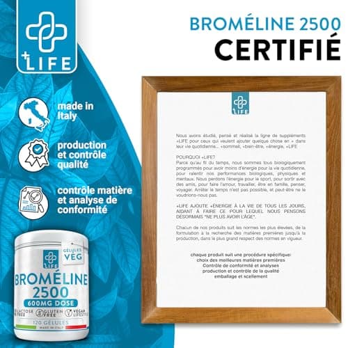 Bromelaine Draineur 2500 GDU/g 120 Capsules PiuLife® 700mg Bromélaïne Plus Extrait D' Ananas Drainant Naturel (2 Par Dose), Enzymes Digestives, Ballonnement Abdominal Digestion, Microcirculation