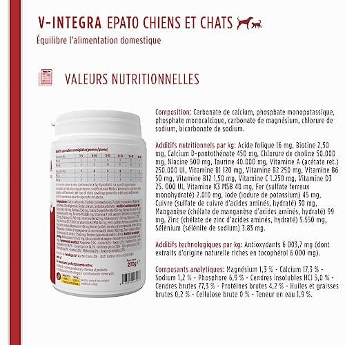 V-INTEGRA Epato Chiens et Chats - Supplément Complet de vitamines et minéraux pour la Ration ménagère des Chiens et Chats nécessitant Une Restriction en cuivre - 200g - Produit en Italie